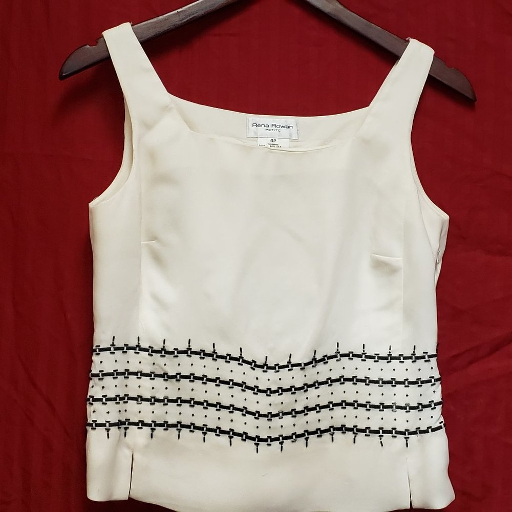 Rene Rowan Petite, 4P,  Square Neck, White Tank top w Black sequins.